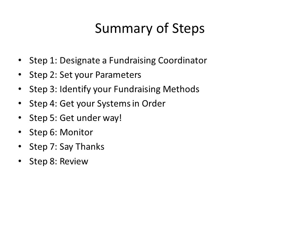 XYZ Cricket Club Fundraising Plan. Summary of Steps Step 1: Designate a Fundraising Coordinator Step 2: Set your Parameters Step 3: Identify your Fundraising. - ppt download