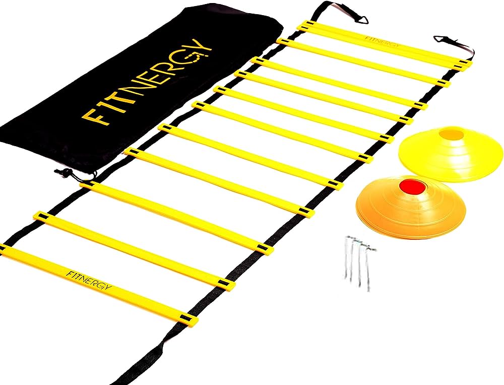 Amazon.com : F1TNERGY Speed and Agility Workout Ladder Training Equipment Set Yellow 12 Rung Adjustable with Carrying Bag + 10 Cones (5 Orange+5 Yellow)+ 4 Pegs & D-Rings - Soccer Football Gear